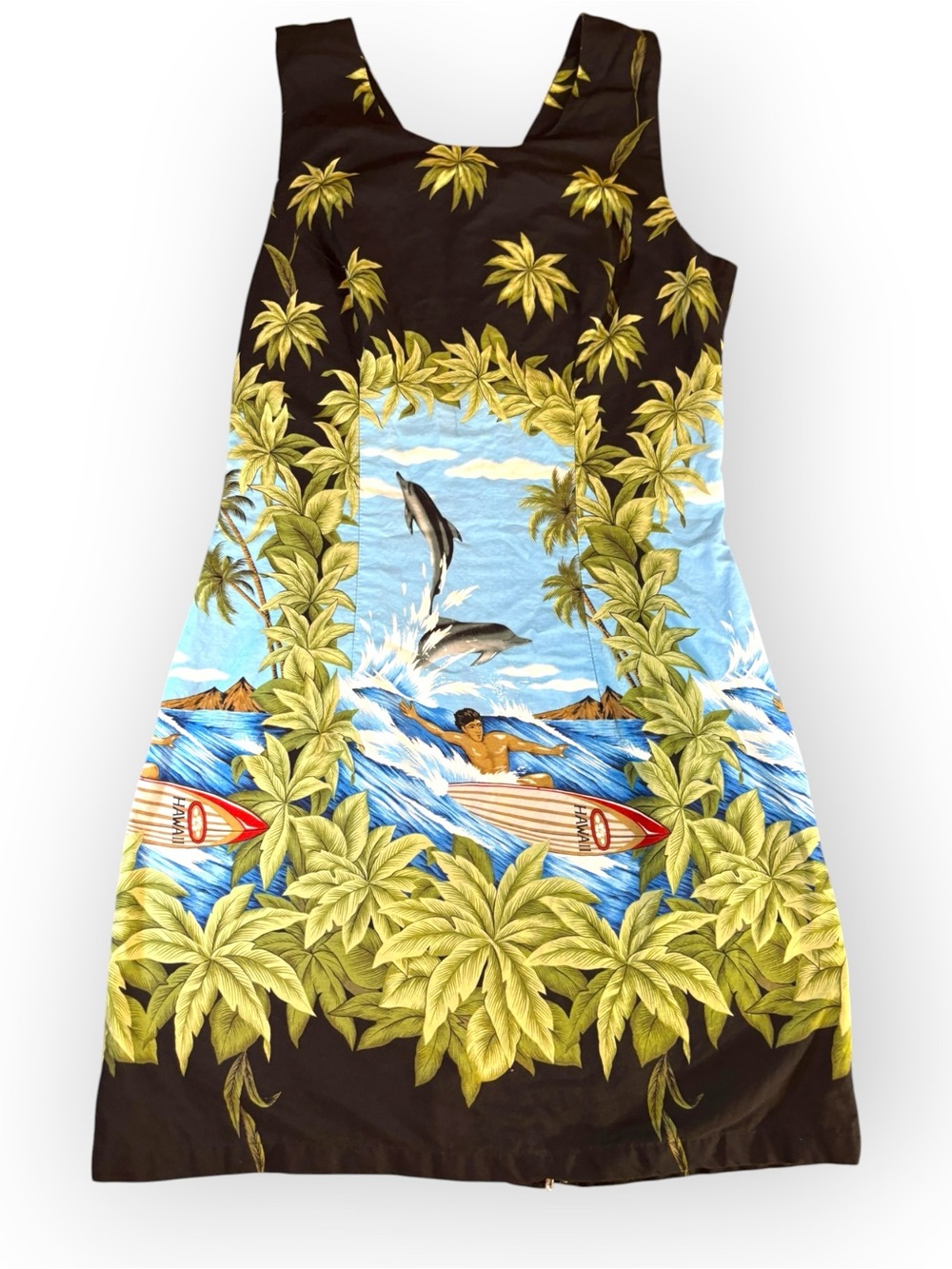 Vintage 90s KY's Hawaiian Scenic Surfer Dolphin Dress M